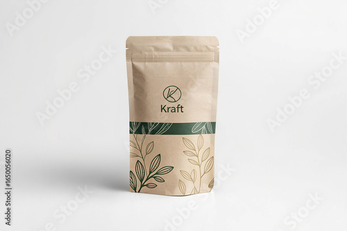 Kraft pouch with circular logo and green leaf band