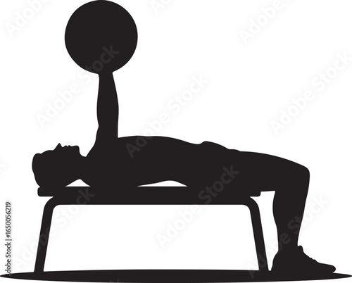 Silhouette of a man lying on a bench lifting a large ball overhead on a white background fitness