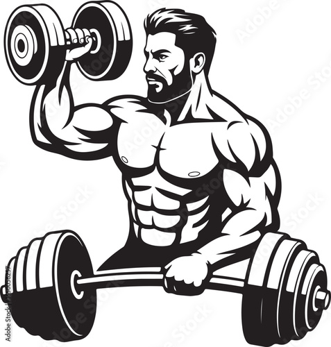 Muscular man with beard lifting dumbbells and barbell in black and white fitness weightlifting