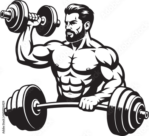 Muscular man with beard lifting dumbbells and barbell in black and white fitness weightlifting
