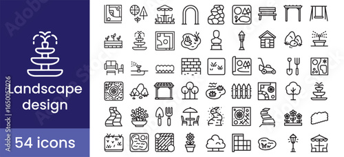 Landscape design icon set with line element symbols for a garden, park, or outdoor plan.

