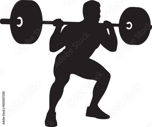 Silhouette of a man performing a barbell squat exercise in a gym Keywords: weightlifting, man