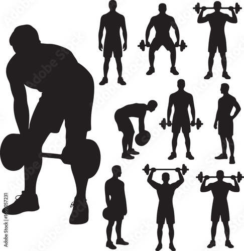 Silhouettes of men performing various weightlifting exercises with barbells Keywords: weightlifting