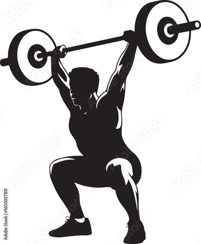 Silhouette of weightlifter performing a squat with barbell overhead Keywords: weightlifting, athlete