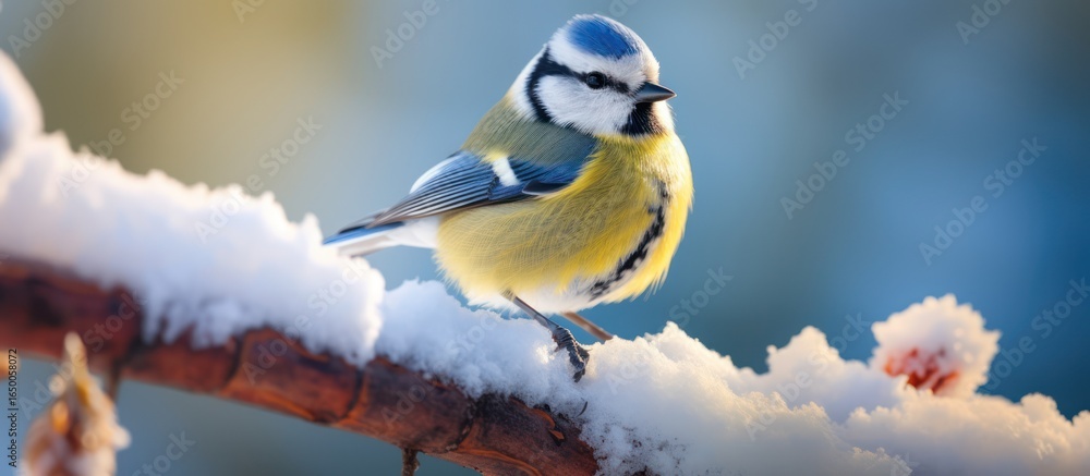 Obraz premium snow covered branch, blue tit, perched bird, winter scene, shallow depth of field, nature photography, vibrant colors, detailed feathers, avian wildlife 