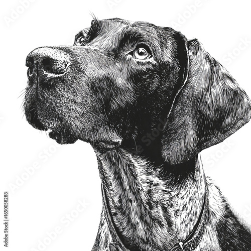 Loyal Gaze of a Canine Companion: A dignified dog, exuding charm and loyalty, gazes intently with its keen eyes, beautifully captured in monochromatic simplicity.