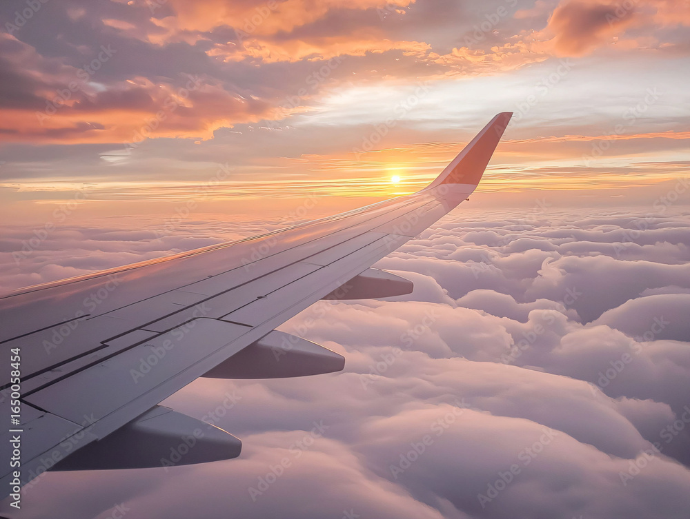 Obraz premium Airplane Wing Over Clouds at Sunset with Colorful Sky Background