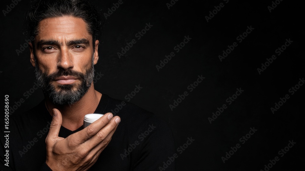 Fototapeta premium Confident Man Holding Skincare Product in a Dimly Lit Setting While Showcasing a Modern Grooming Routine