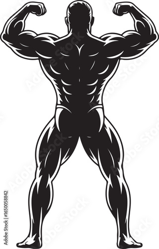 Black and white silhouette of a muscular bodybuilder flexing back muscles bodybuilding physique