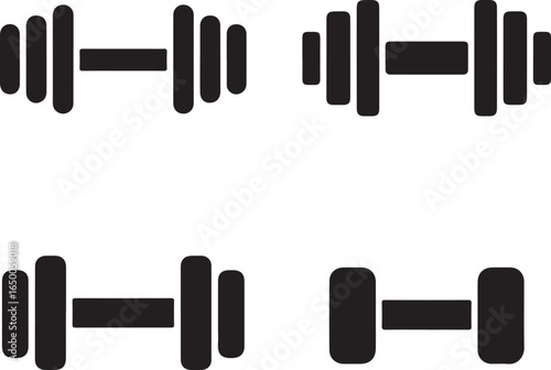 Four black silhouette dumbbells on white background for fitness weight exercise