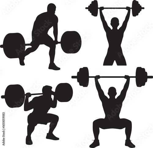 Four Silhouettes Of Men Lifting Weights In Different Poses weightlifting fitness