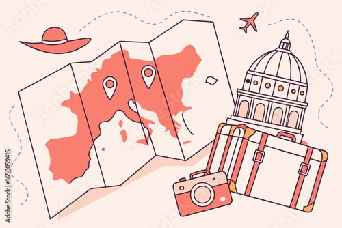 Travel to europe with map suitcase camera and airplane illustration