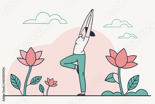 Woman practicing yoga tree pose surrounded by lotus flowers and clouds