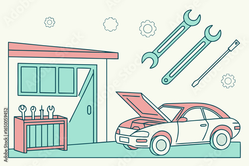 Car repair garage with tools and vehicle illustration