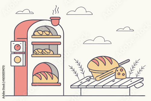 Artistic illustration of a bakery oven with bread and cheese outdoors