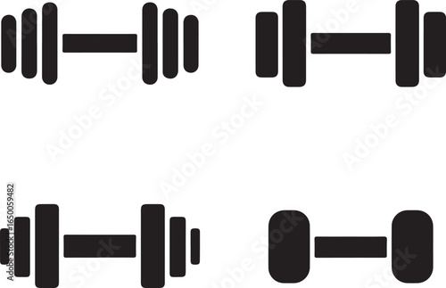 Four black silhouette icons of dumbbells with different weights Keywords: dumbbell, silhouette
