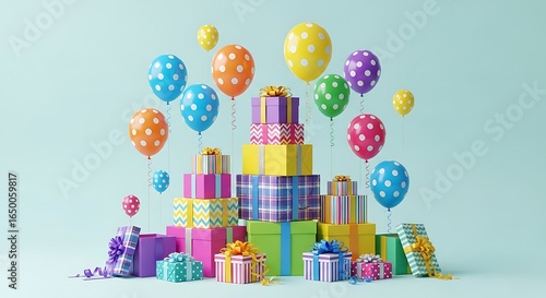 Colorful gift boxes stacked with balloons on a light blue background. Party time.