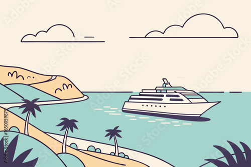 Modern illustration of a cruise ship sailing in a tropical bay with palm trees