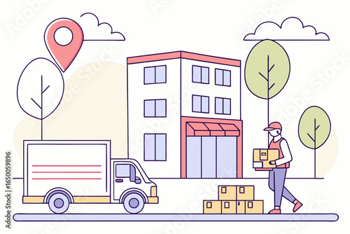 Delivery worker with packages and truck outside a building
