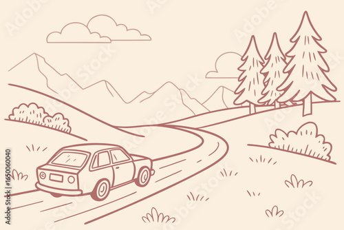 Car driving on a winding road through mountains and trees