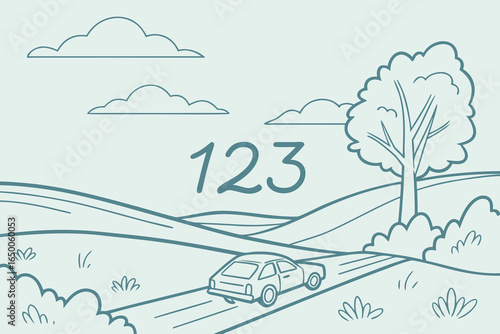 Simple cartoon drawing of a car driving on a road through rolling hills with a tree and clouds