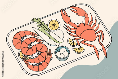 Stylized illustration of a seafood platter with shrimp crab lemon and sauce