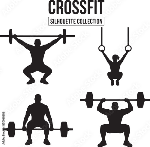 Cross Fit silhouette collection with barbells and gymnastic rings on white background crossfit fitness