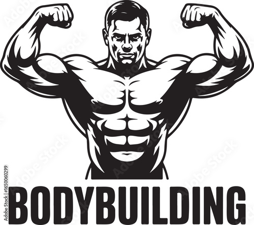 Black and white illustration of a muscular bodybuilder flexing arms with text BODYBUILDING