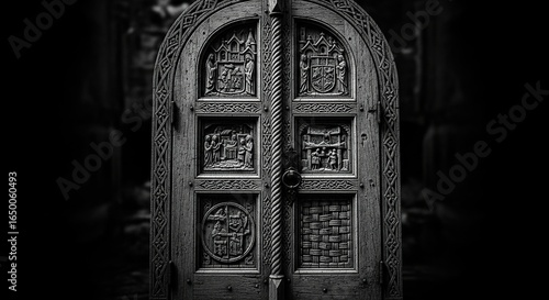 Ornate wooden door with intricate carvings.