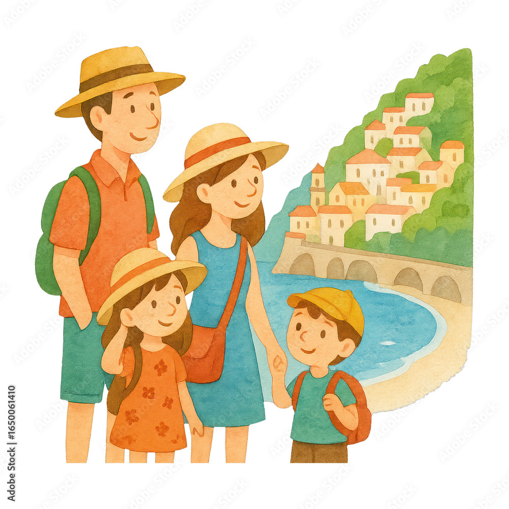 PNG Family vacation illustration seaside village PNG Family vacation illustration seaside village