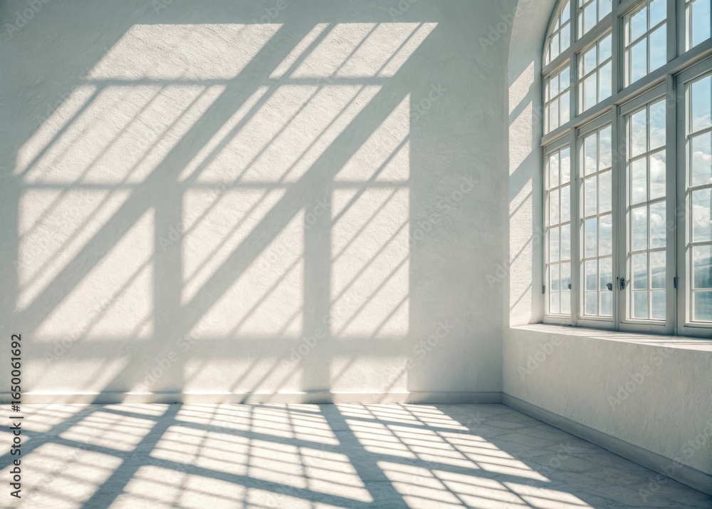 Obraz premium Sunlight streaming through a large window casting geometric shadows on a white wall