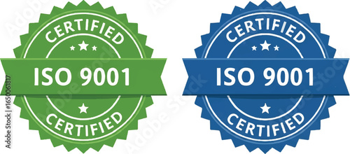 ISO 9001 Certified Seal Badges in Green and Blue | Quality Management System Certification for Business and Manufacturing