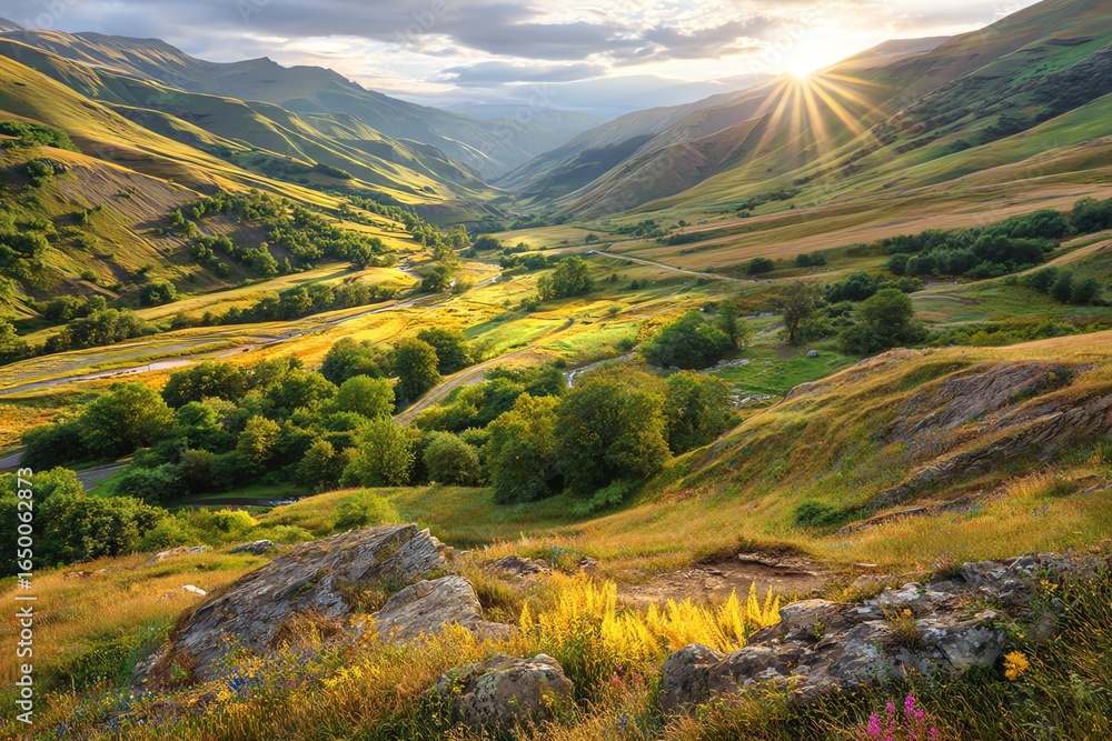 Obraz premium A breathtaking vista unfolds across a lush valley, bathed in the golden light of a setting sun, evoking a sense of tranquility and the grandeur of nature's artistry.