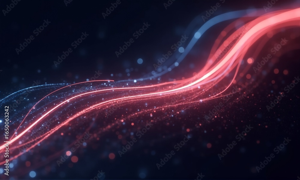 Fototapeta premium Vibrant abstract digital waves of red and blue light with sparkling particles, conveying energy and data flow on a dark background.