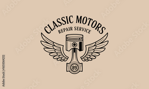 The logo showcases a classic piston and wings design, embodying the spirit of vintage automotive repair services, created with striking simplicity and elegance.
