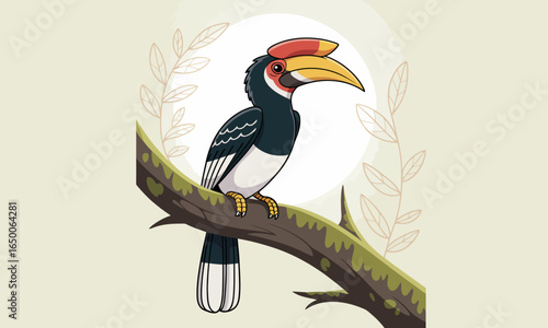 This vibrant illustration features a hornbill bird sitting on a branch surrounded by leaves, showcasing its bold colors and distinctive beak in a whimsical style.