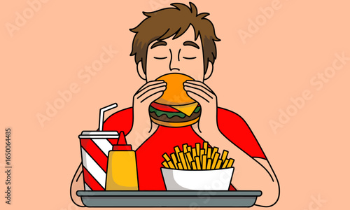 A young man closes his eyes in bliss as he holds a burger close to his face, overcoming with delight while surrounded by fries and drinks in a warm atmosphere.