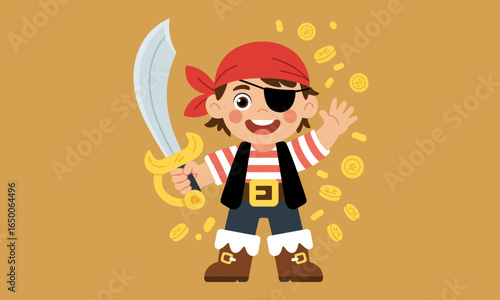 A cheerful child dressed as a pirate, brandishing a sword and surrounded by gold coins, radiates excitement and adventure in this luminous, playful illustration.