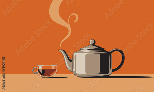 An exquisite teapot alongside a charming cup with steam, set against a vivid orange background, evokes feelings of warmth and comfort during a tea ritual.