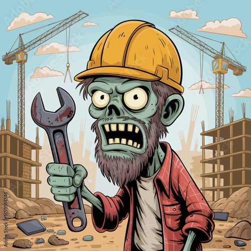An intense zombie construction worker brandishes a tool in a mythical construction setting, representing themes of decay mingled with the whimsical aspects of manual labor.