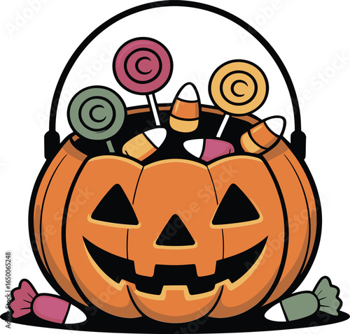 Cartoon jack-o’-lantern bucket filled with colorful Halloween candy, lollipops, and candy corn, festive flat illustration in bright orange with playful holiday design