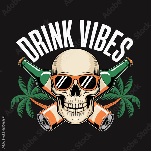 This striking artwork features a skull adorned with sunglasses, surrounded by tropical cans and palm trees, symbolizing a vibrant beach lifestyle and the joy of drinking with friends.
