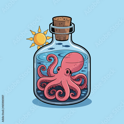 This whimsical illustration captures an adorable octopus trapped in a glass jar, radiating charm under the sun, symbolizing creativity and adventure in a vibrant world.