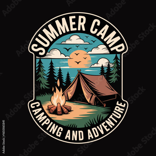 A vibrant camping illustration featuring a welcoming tent and crackling campfire, embodying the joy and warmth of a memorable summer camping experience.