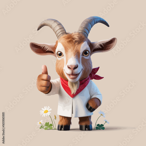 An artistic depiction of a goat character wearing a scarf, proudly giving a thumbs-up with a charming smile, representing enthusiasm and positive energy.