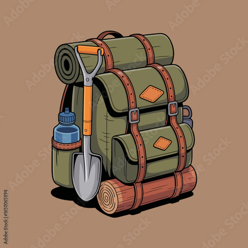 A visually appealing backpack suitable for camping, featuring a shovel and water bottle, showcasing versatility and readiness for outdoor activities in nature.