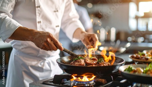 Culinary master at work, a professional chef meticulously slices roasted meat for a gourmet dish in a restaurant kitchen.