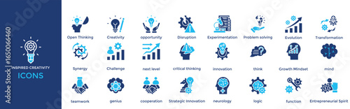 Inspired Creativity icon set. Containing  Creativity, opportunity, Disruption, Experimentation, Problem solving