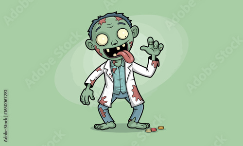 Cheerful yet ominous, this illustrated zombie doctor sports a crooked grin and a playful stance, emphasizing the bizarre juxtaposition of humor and horror in a cartoonish world.