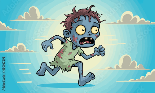A cartoon zombie boy in a torn outfit runs, with a worried expression, illustrating a humorous take on zombies while maintaining an engaging and energetic style.